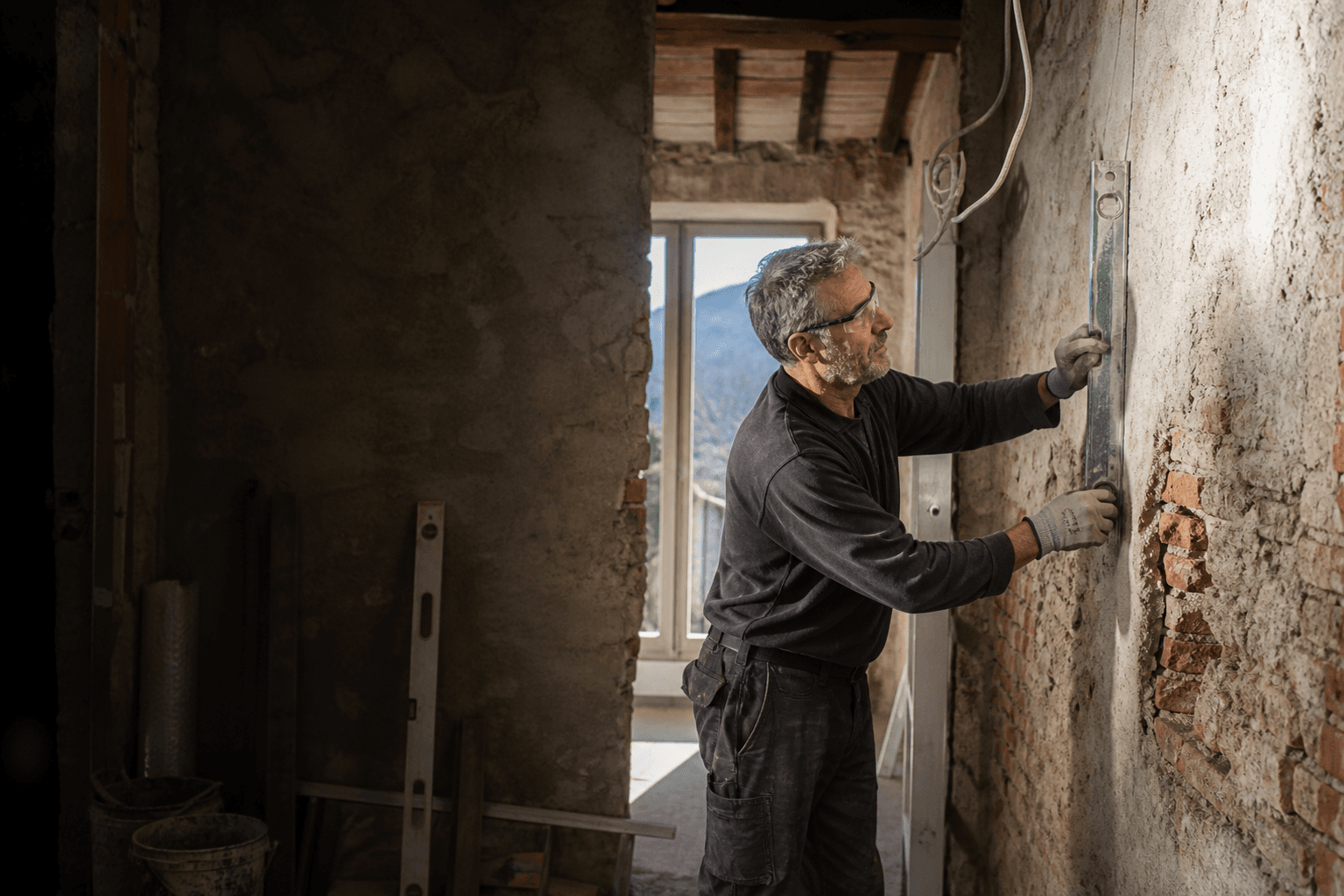 Artigiano edile al lavoro durante una ristrutturazione